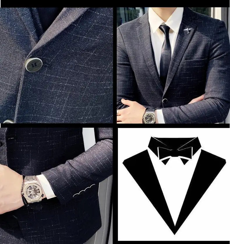 2023 Men's British Fashion Three-piece Set Slim Fit Suit Vest Trousers Ensemble Handsome Trendy All-in-one Banquet Blaze