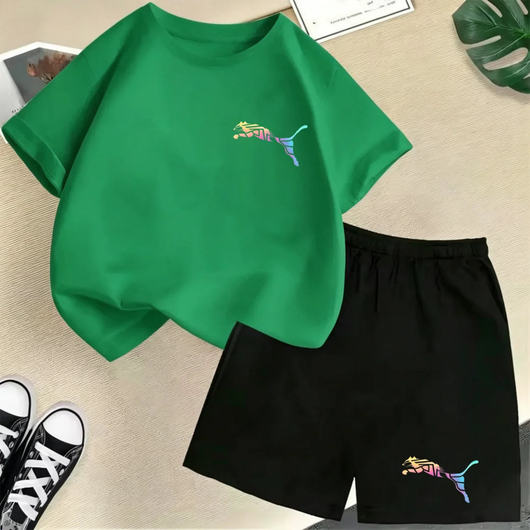 Kids Summer Casual Round Neck T-shirt Colorful Gradation Animals Boy Girl3-12Yrs Short-Sleeved+Shorts Fashion Sports Clothes Set
