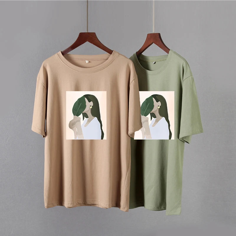 Hirsionsan Harajuku Printed T Shirt Women 2023 Summer Chic Tees 100% Cotton Elegant Graphic Clothes Loose Casual Pullover Tops
