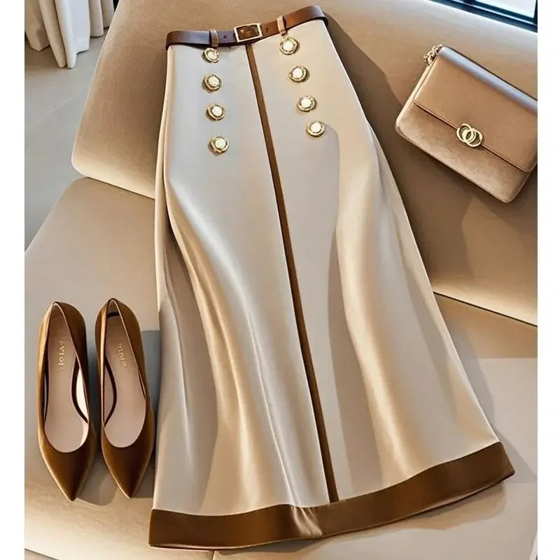 New Elegant Offie Lady Skirt Women Fashion Design Beaded Double-breasted High Waist A-line Patchwork Skirts Jupe with Belt BAZAARHUBO