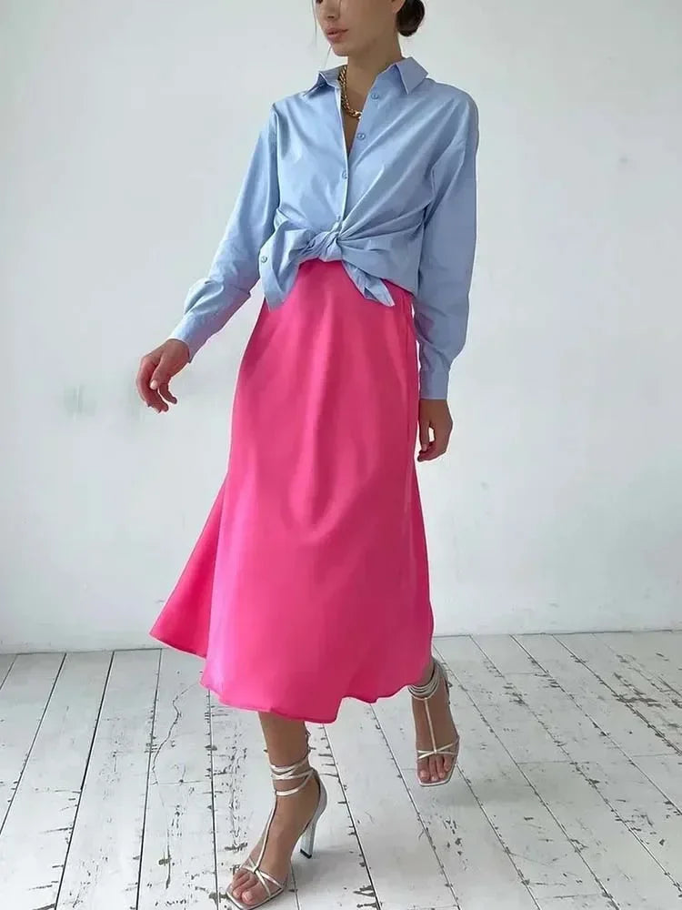 Elegant Women's Skirts High Waist Silk Satin A-line Skirt Lady Fashion Solid Color Purple Long Skirts for Women Fashion 2026