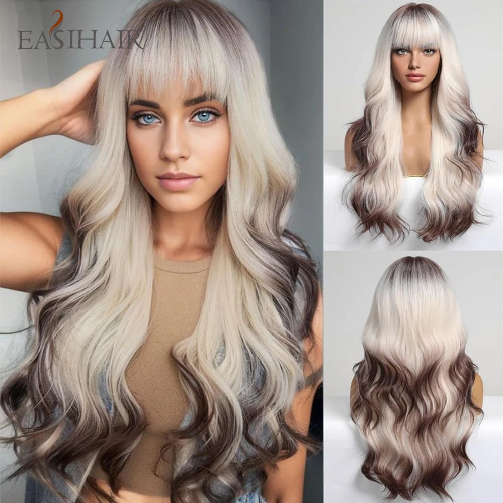 EASIHAIR Dark Brown Long Curly Synthetic Wig with Bangs Brown Women's Wigs for Cosplay Daily Use Heat Resistant Natural Hair