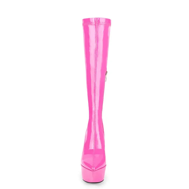 New Women Knee High Boots Patent Leather Pointed 15cm High Heels Winter Short Plush Waterproof Platform Girl Boots Large 34-45