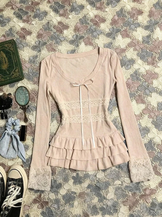 Japan Kawaii Shirts for Women French Elegant 2000s Harajuku Vintage Sweet Long Sleeve T Shirts Y2k Korean Fashion Slim Blouses