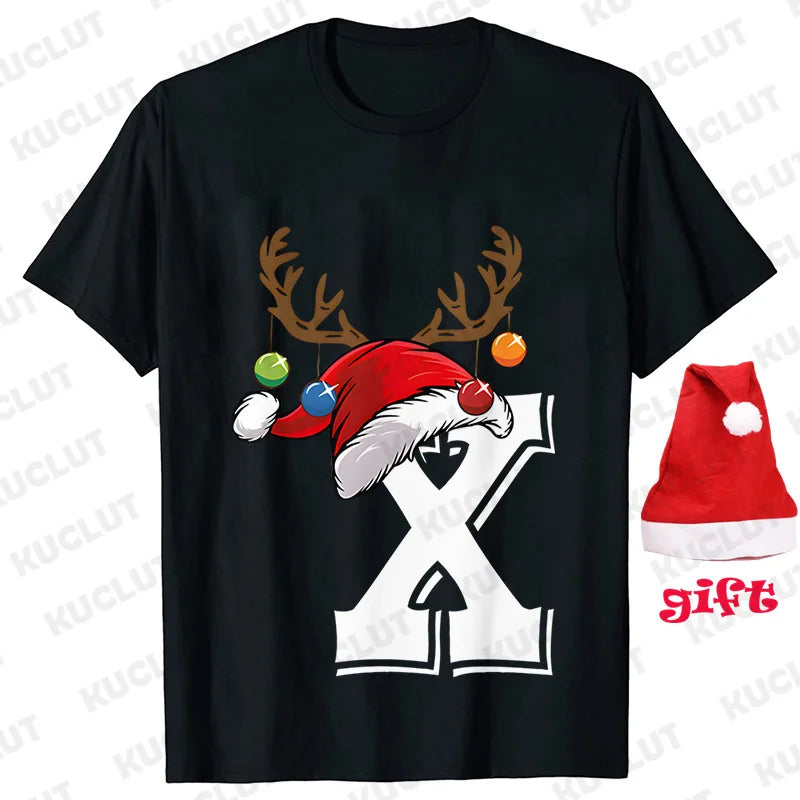 Funny Christmas Party Tshirt Fashion Women T Shirt Tops Short Sleeves T-shirt 26 A~Z Alphabet Casual Tees with Santa Hat Gift