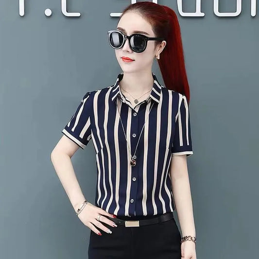 Fashion Women Spring Summer Style Blouses Shirts Lady Casual Office Work Wear OL Short Sleeve Striped Blusas Tops