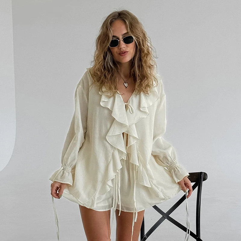 Tornova Women's Ruffled Shorts Sets V Neck Loose Lace Up Shirt Loose Through Sexy Casual Shorts Female Spring New Matching Sets