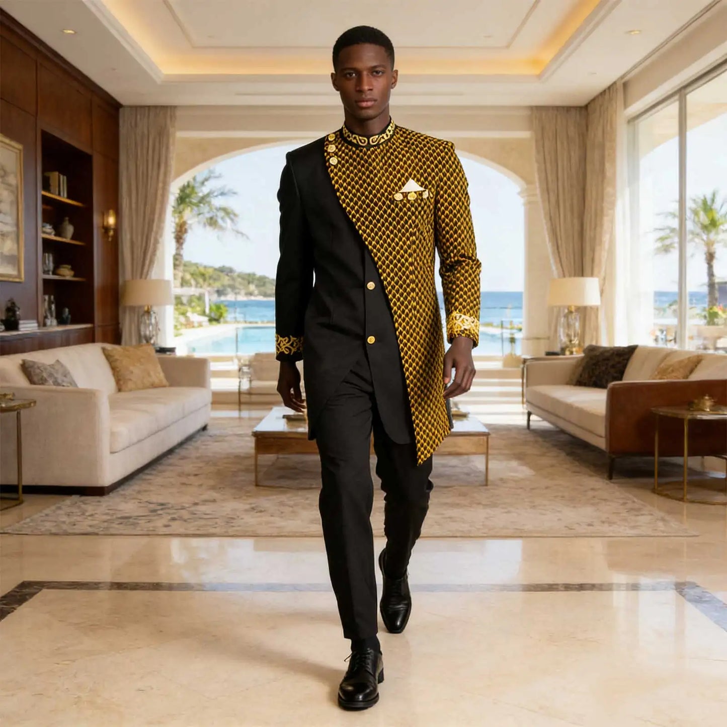 African Suits for Men Embroidery Print Blazer and Pants Set Business Dress Suit with Kerchief Party Wedding Evening A2316023