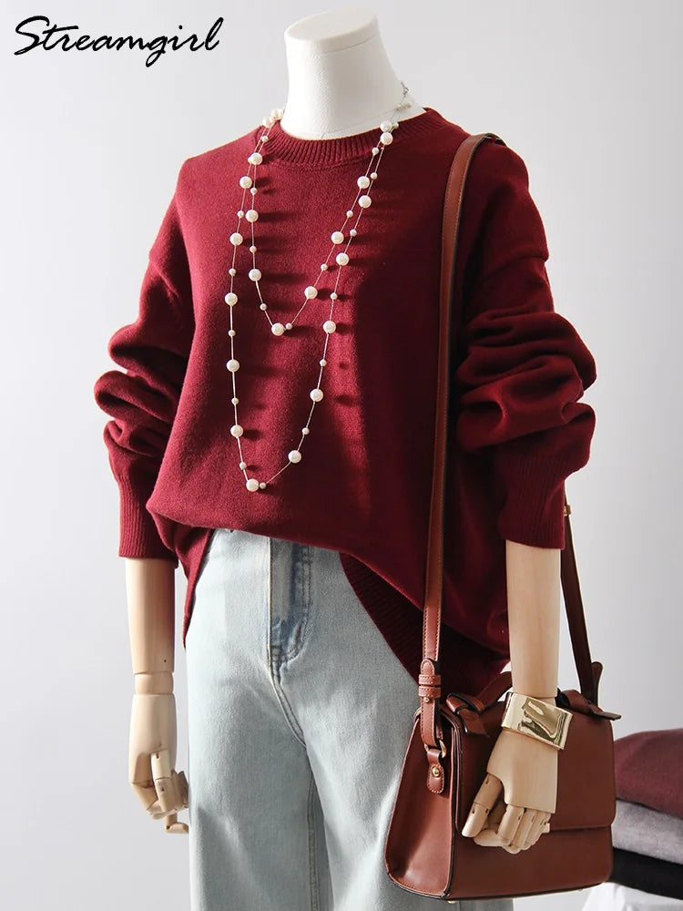 Oversize Burgundy Womens O Neck Knitwear Sweater Warm Winter Pullover