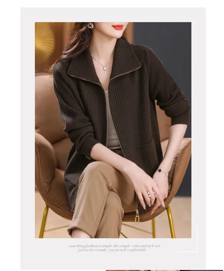 Knitted Cardigan Jacket Women Zipper Lapel Sweater Autumn Winter Outerwear