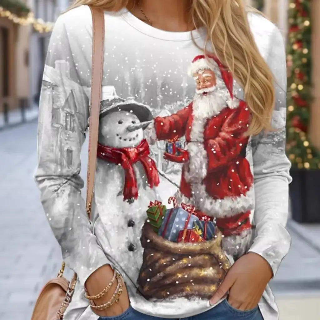 Women Sweatshirt Designer Round Neck Long Sleeve Fashion Casual Santa Claus Red New Year Graphic Print Tops Y2K Streetwear BAZAARHUBO