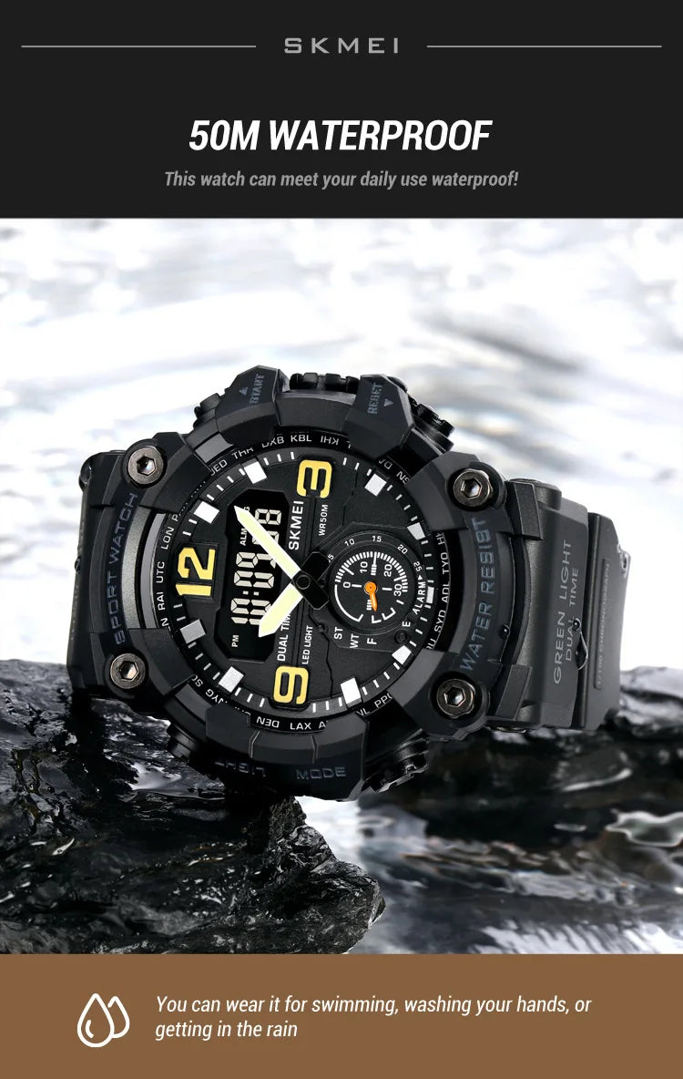 Skmei Men's Military Sport's Wristwatch Fashion Big Size Dial Quartz Analog Three Time Zone Male Led Waterproof Stop Watches