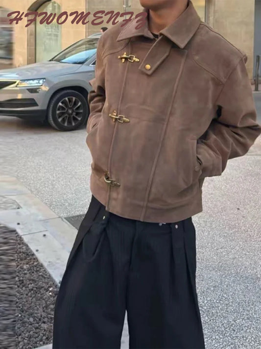 Elegant Metal Button Gender's Coat Fashion Slim Lapel Asymmetry Full Sleeves Couple Short Coat 2026 Spring Chic Streetwear