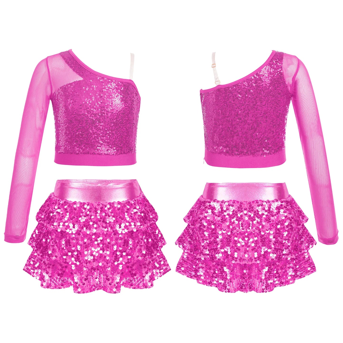 Kids Girls Dance Dresses Latin Jazz Modern Dance Show Costume Sequin Long Sleeve Crop Tops and Skirted Culottes Cheer Dancewear