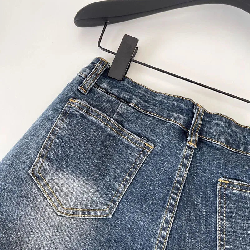 American Style Retro Blue Denim Shorts Women Summer Slim Fit Elastic Low-Waisted Jean Shorts Sexy Package Hip Tight Shorts Jeans