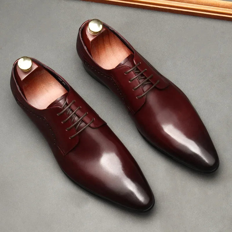 Leather shoes for men, lace up shoes for men, pointy, leather, high-end wedding, dress, Oxford, Lefu shoes, large, British style