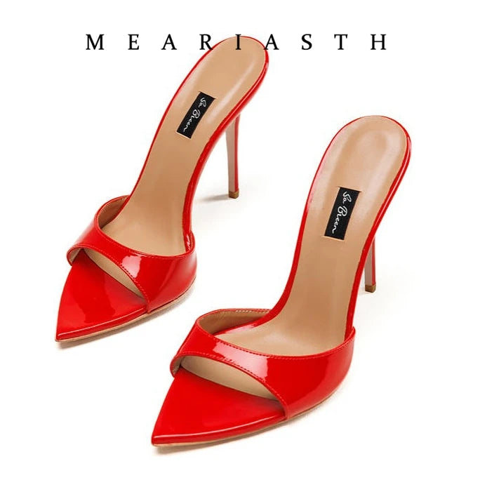 Red Patent Leather Stiletto Slippers Open Toe Solid Sexy High Heels Summer 2025 New Nightclub Outside Plus Size 45 Luxury Shoes