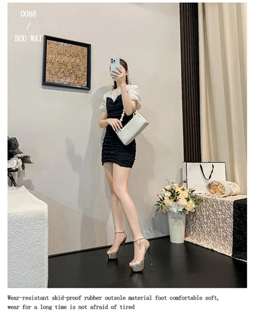 Peep Toe Fashion Rivet Buckle Women Sandals Summer Black Pink Platform Patent Leather High Heels Hollow Party Ladies Bride Shoes