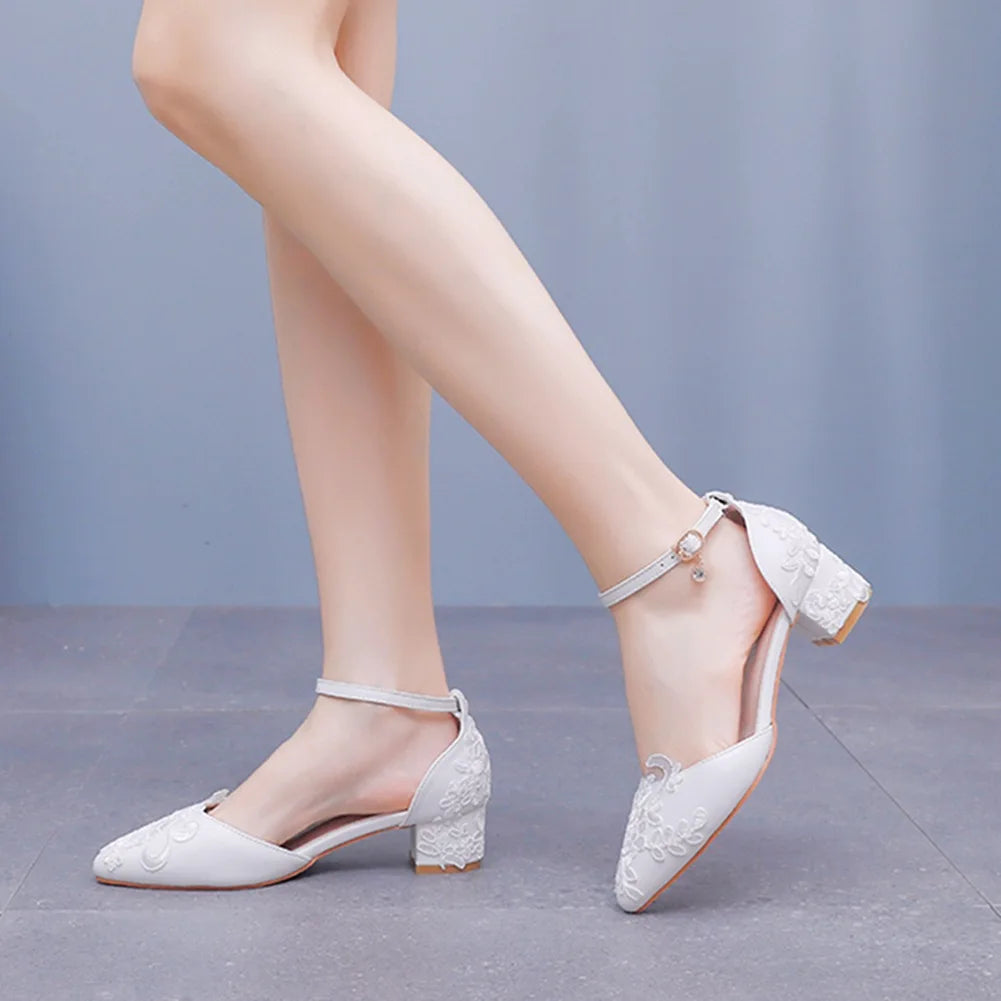 White Lace Wedding Shoes Thick Flower High Heels Women Bridal With Low Mouth Buckle 7CM Sandals Pumps