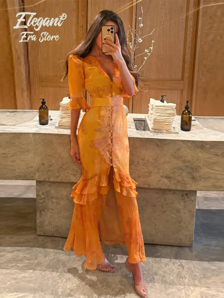 Chic Floral Puff Sleeve Women Maxi Dress Sexy V Neck Button Down Ruffle Slit Vestidos 2026 Summer New Lady Daily Party Sundress