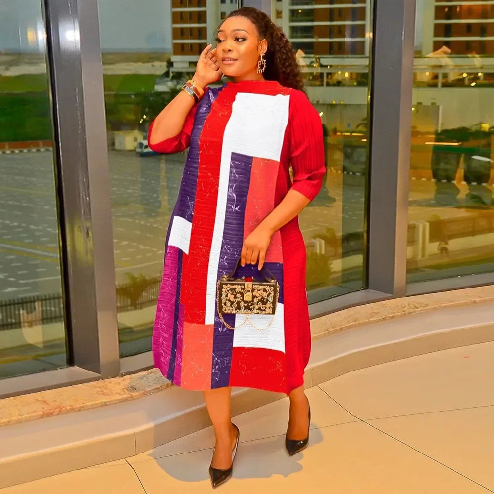 African Dresses for Women Summer Fashion Style African 3/4 Sleeve Polyester O-neck Pleated Dress Dashiki African Clothes Women