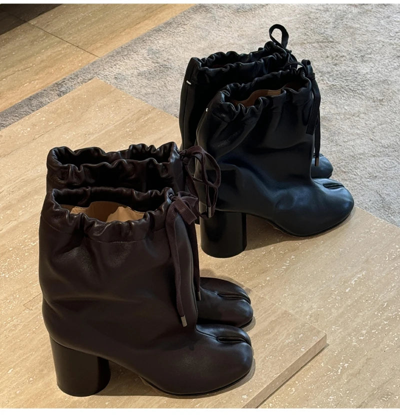 Street Style Fashion Split Toe Women Mid-calf Boots Autumn Winter Genuine Leather Tabi High heels Modern Chunky Booties Shoes
