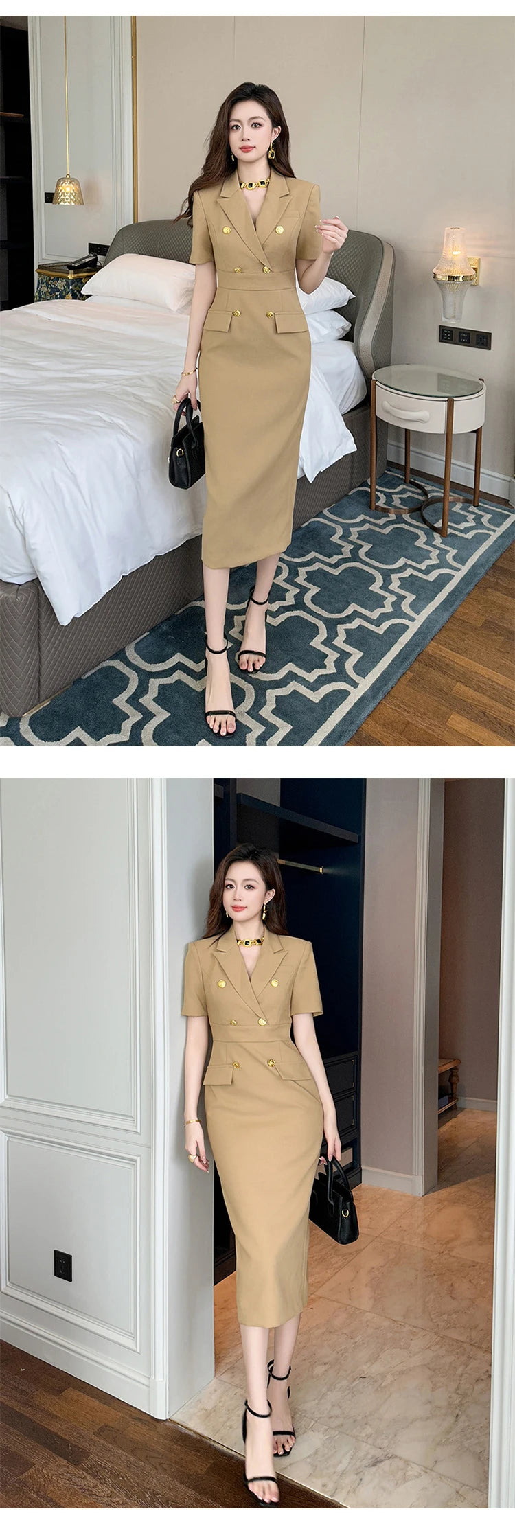 Elegant Office Lady Classic Business Formal Pencil Dress Women Clothes Blazer Commute Short Sleeve High Waist Slim Midi Vestidos
