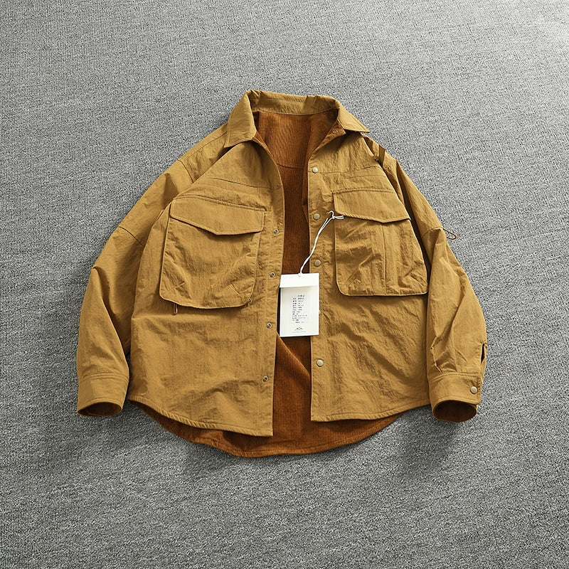 Reversible A+B fabric outdoor functional cargo jacket men's loose pocket lapel retro American casual jacket