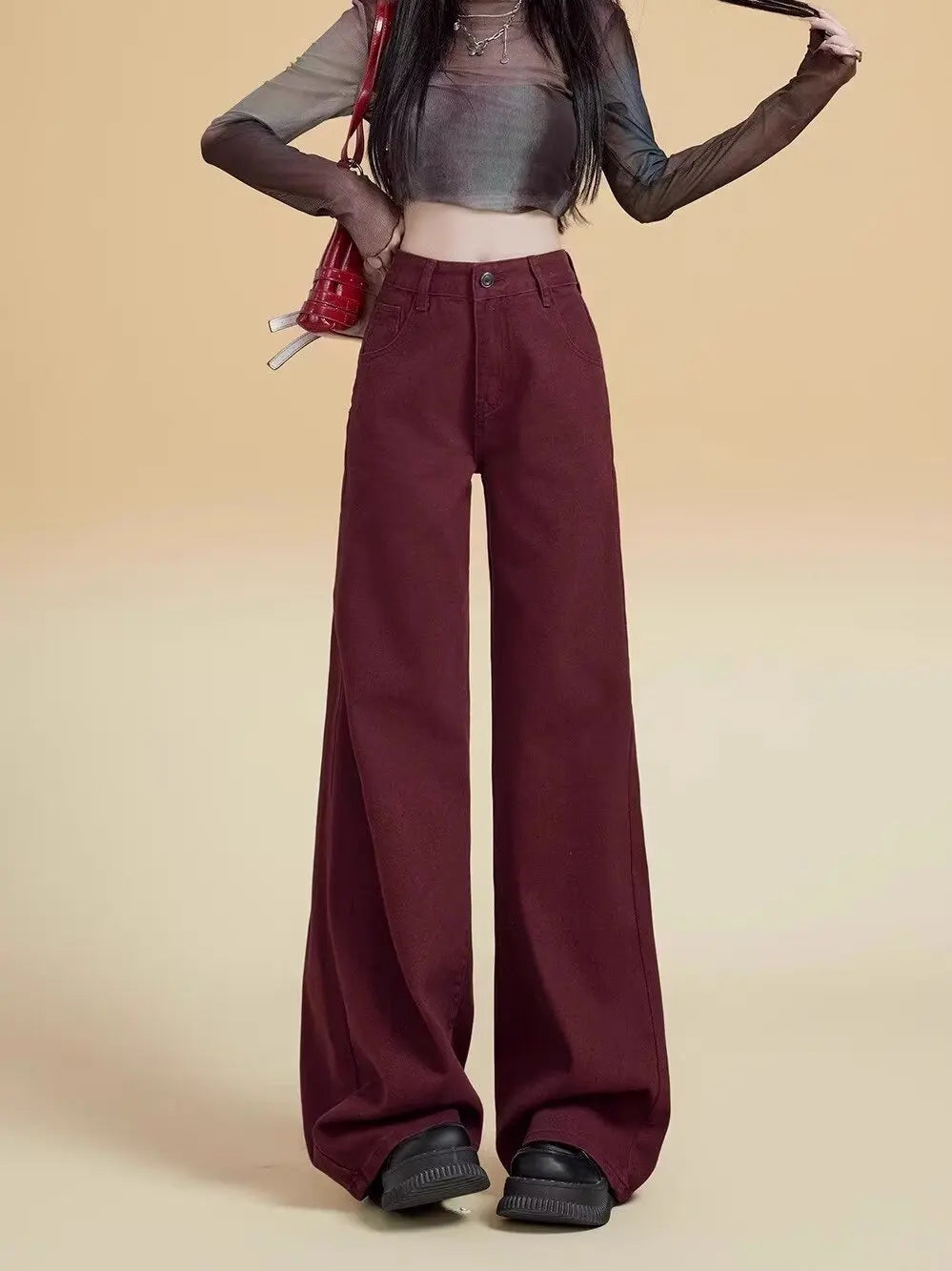 Women's Street Style Wide Leg Red Jeans American Vintage Casual Denim Trousers Female High Waist Loose Straight Pants