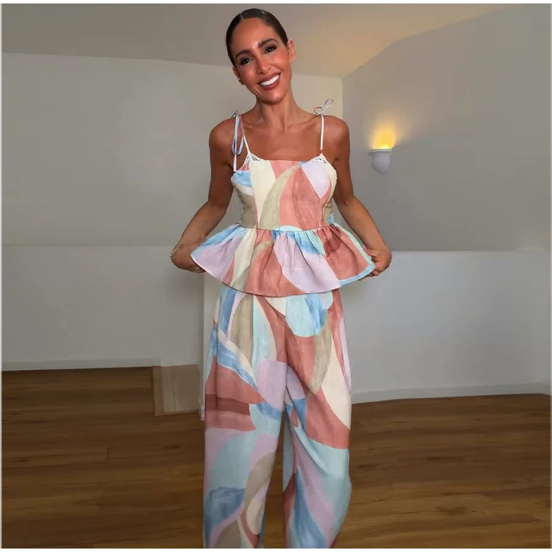 Pastel Print Cami Top Wide Leg Pants Set Ruffle Hem Sleeveless 2026 Summer Vacation Women Co-ord Set Chic Causal Lady Outfit
