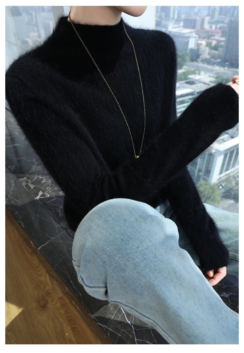 2024 Autumn And Winter New Women's Semi High Neck New Fashion Mink Sweater Long Sleeved Loose Sweater Slimming Knit Sweater Base