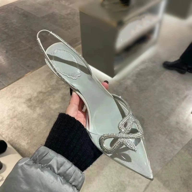 2024 Spring and Summer New Rhinestone High Heels Women's Thin Heels Pointed Sandals Transparent One-word Buckle Bag Head Shoes