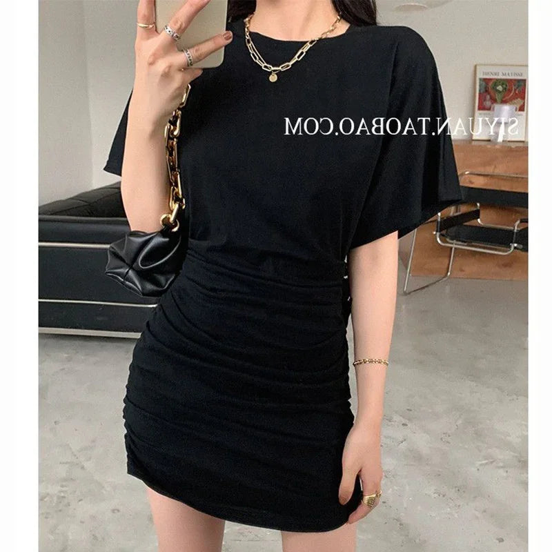 2025 Summer Lady Concise Fashion Ruched Wrap Hip Dress Women Solid Color Thin Short Skirts Female Chic Korean Sexy Party Dress