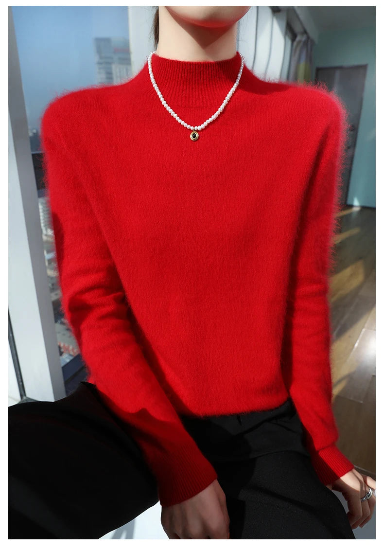 2024 Autumn And Winter New Women's Semi High Neck New Fashion Mink Sweater Long Sleeved Loose Sweater Slimming Knit Sweater Base