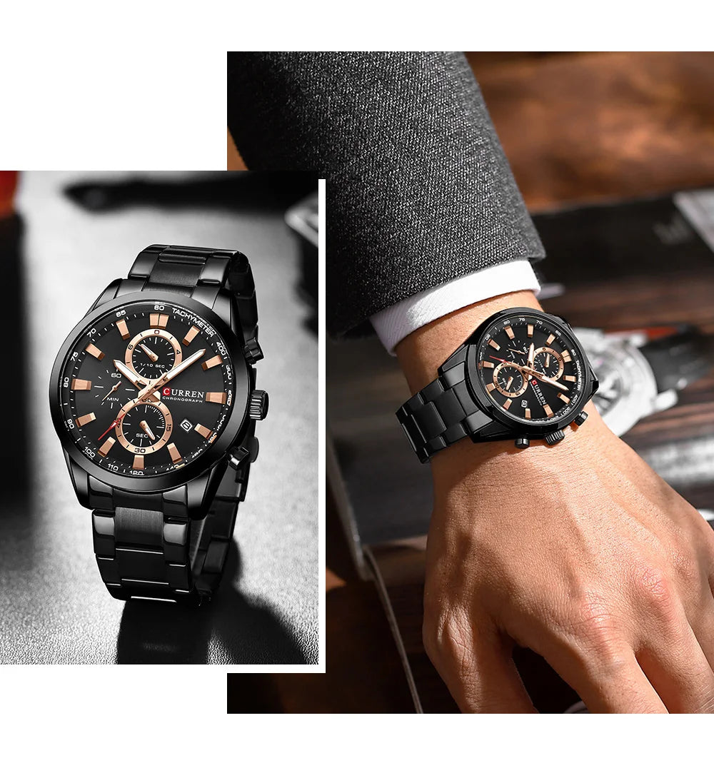 CURREN  New Sports Multifunction Stainless Steel Band Watches Fashion Brand Quartz Men's Wristwatches with Date