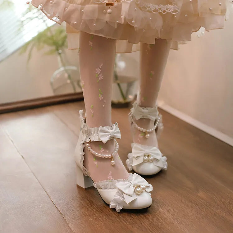 Ochanmeb Sweet Kawaii Girls Lolita Shoes Thick High Heels Cosplay Pumps Bow Knot Pearls Chain Ruffles Lovely Wedding Party Pumps
