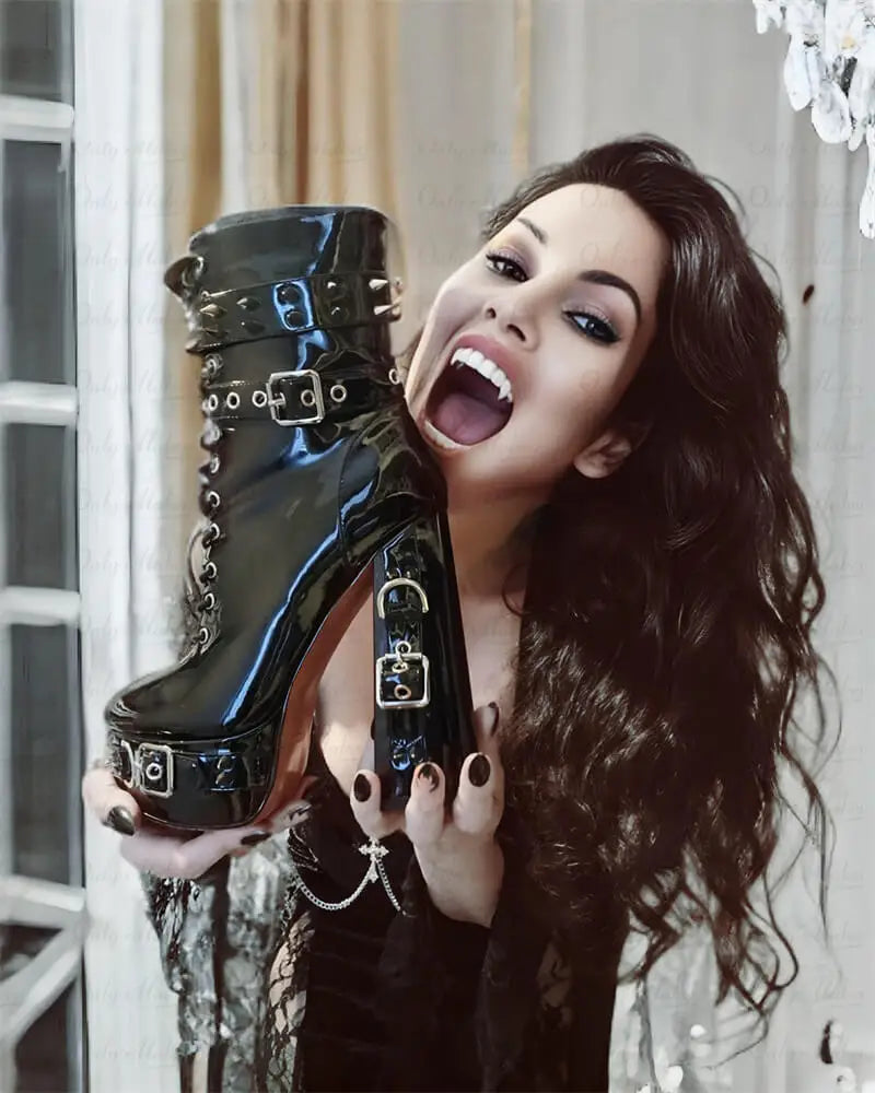 Onlymaker Women Platform Metal Buckles Lace-up Chunky Heel Ankle Boots Big Size Punk Booties