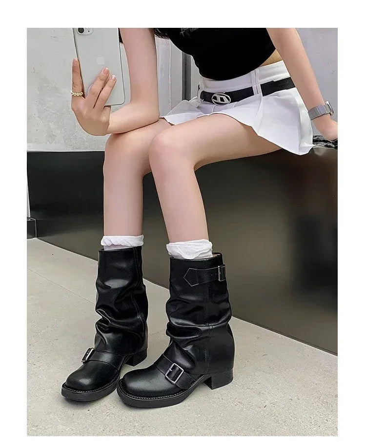 Pleated Buckle Knight Boots for Women Autumn Brown PU Leather Mid Calf Boots Woman Slip-On Thick Heel Riding 2024