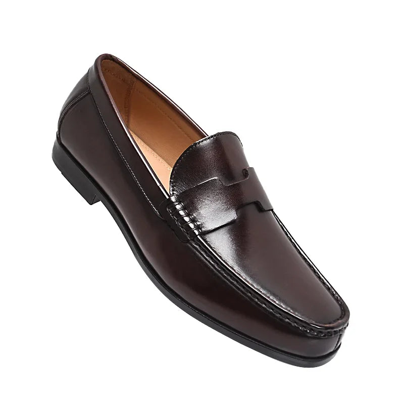 Men's High-End Genuine Leather Loafers Comfortable Flat Casual Glossy Wine Red Handmade Office Banquet Shoes