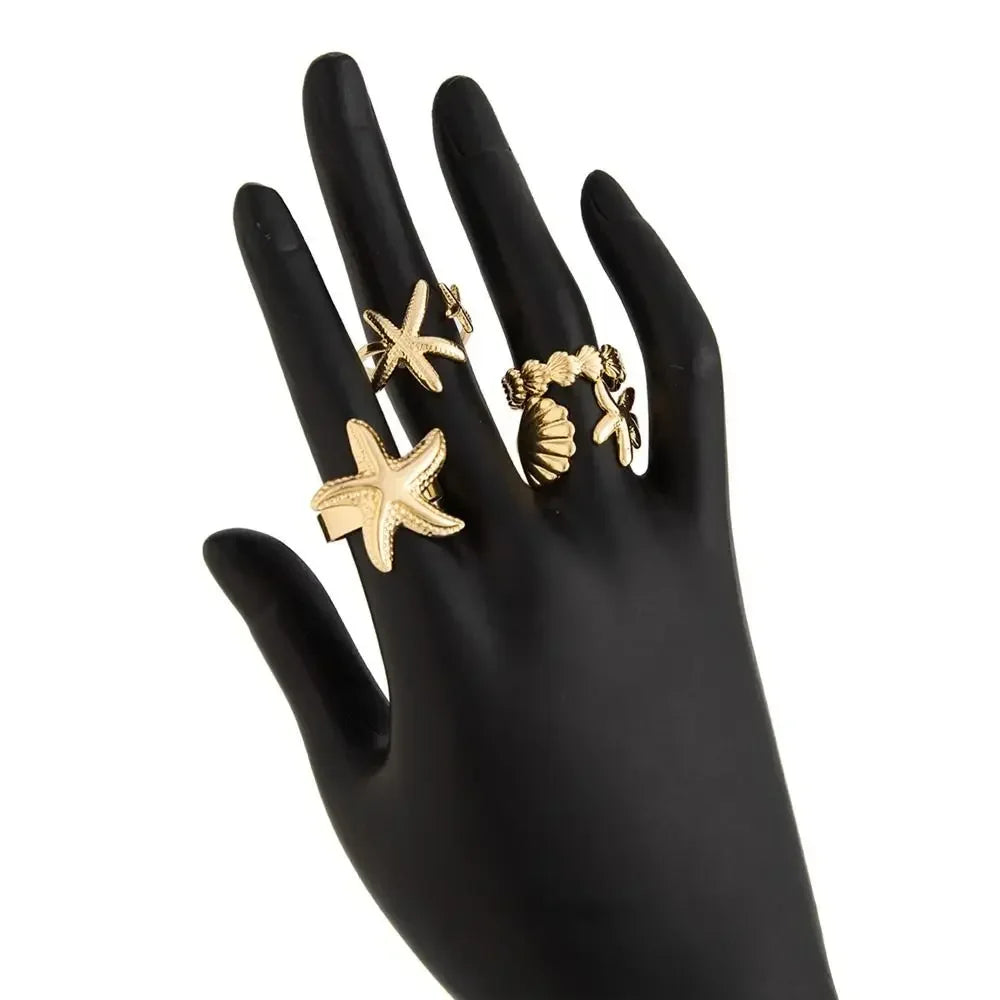 Starfish Scallop Adjustable Open Rings Gold Geometric Design Rings for Women Vacation Style Irregular Beach Jewelry Accessories