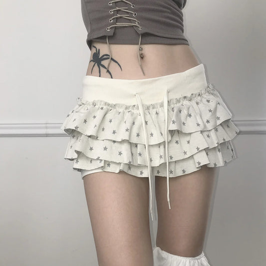 Women's Star Print Multi-Layer Ruffle Edge Short Skirt with Drawstring and Elastic Waist, Sweet, Cool, Spicy, and Pleated Style