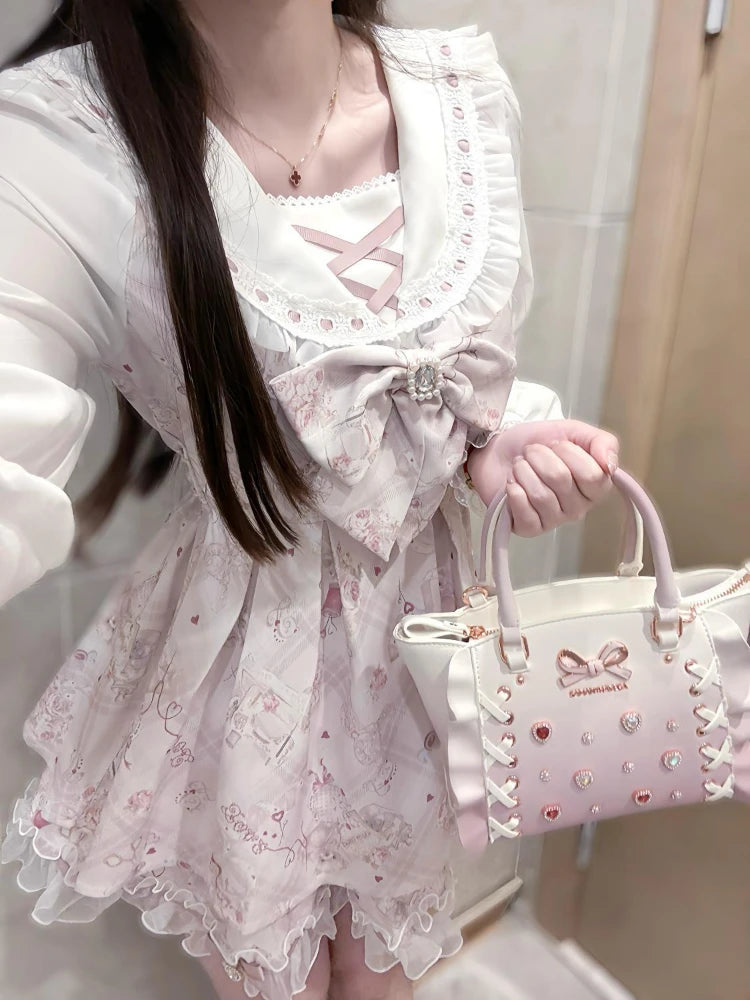 Japanese Sweet Cute Slim Dress Women Kawaii Chic Print Bow Thin Long Sleeve Dresses Female Design Pretty Lovely New Clothing