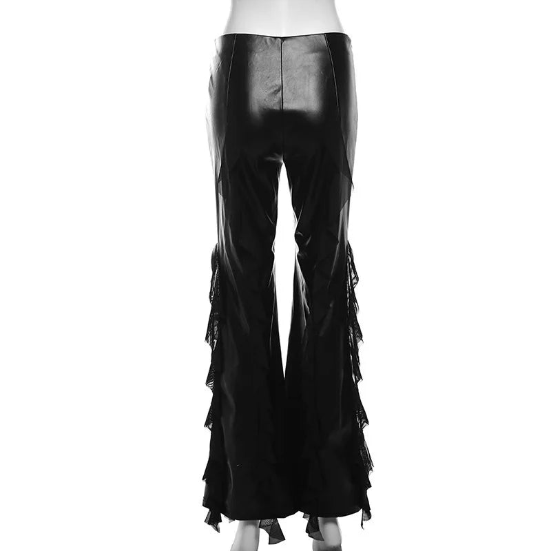 Punk Style PU Leather Pants Gothic Black Lace-paneled Trouser Sexy High-waisted Slim Flared Pants 2026 Summer Women's Clothing
