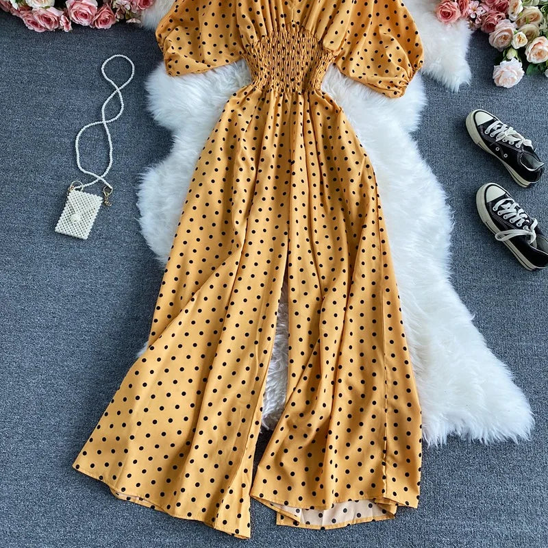 V Neck Sexy Dolman Sleeves Waist Slim Floral Print Jumpsuit Women Wide Leg Trousers Jumpsuit