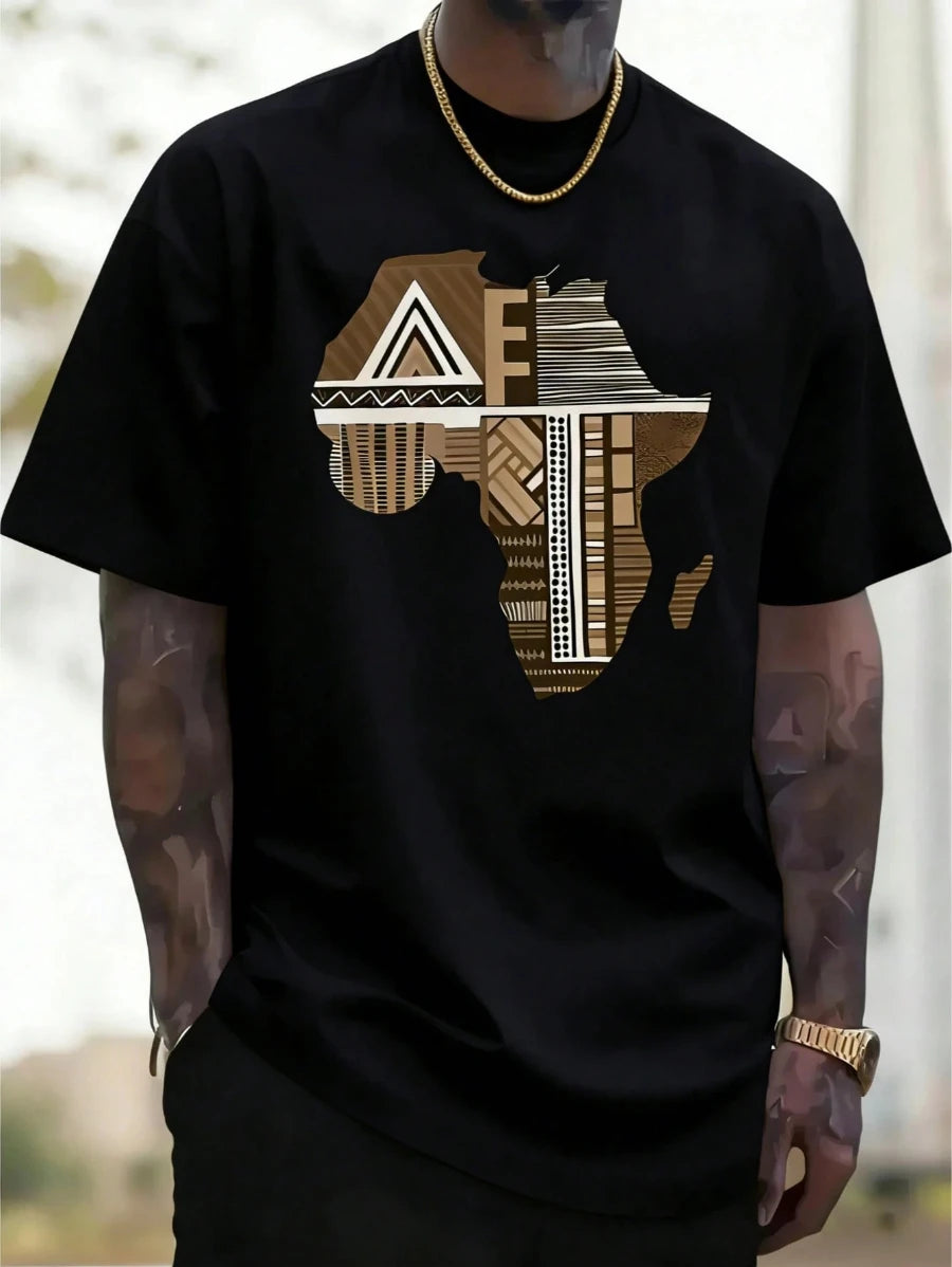 African Map Print Crew Neck Short-sleeved T-shirt, Outdoor Street Style, Hip-hop Casual Comfortable Top, Spring and Summer.
