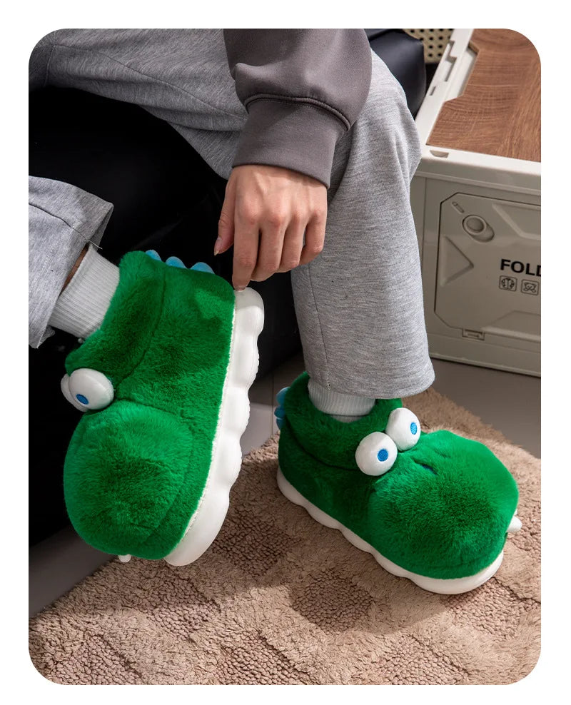 Unisex Men's Cartoon Animal Furry Bedroom Boot Shoes Warm Novelty Outdoor Slipper with Grippers New Adults Fun Alligator Slipper