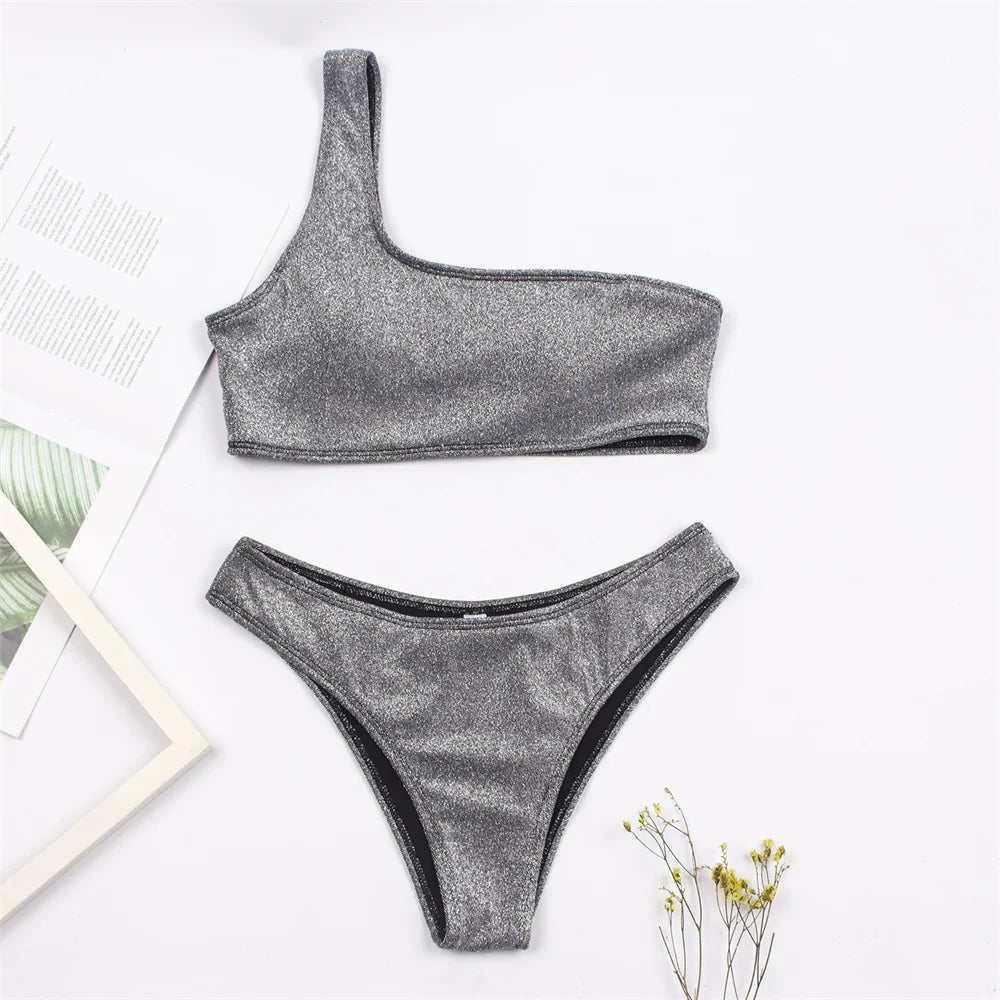 Women Sexy Bikini Set Biquini Ladies One Shoulder Blingbling Swimsuit  Female Two Piece Glitter Solid Color SwimwearW2023