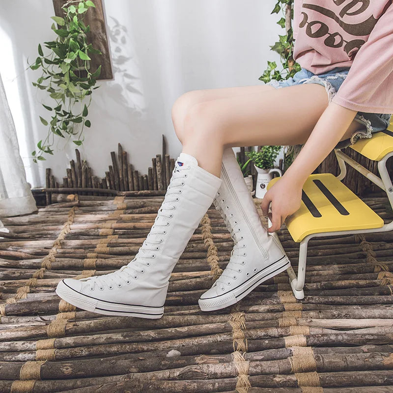 New Women's Canvas Boots Zip Shoes Comfortable Womens Shoes Flat High-top Female Sneakers Lace-up Knee-high Boots Bota Feminina