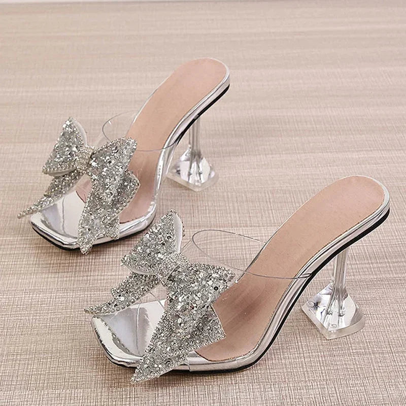 2025 New Transparent Slippers For Women Fashion Silver Crystal Bowknot High Heels Female Mules Slides Summer Sandals Shoes