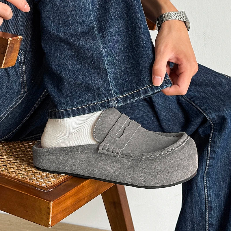 Suede Leather Open Back Casual Shoes Mules Men Backless Loafers Slippers Half Shoes Slip On Flats Vintage Man Slides Sandals